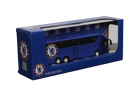Chelsea Mini Team Bus miniature collectible, deep blue coach with Chelsea crests and white lettering in a display box.