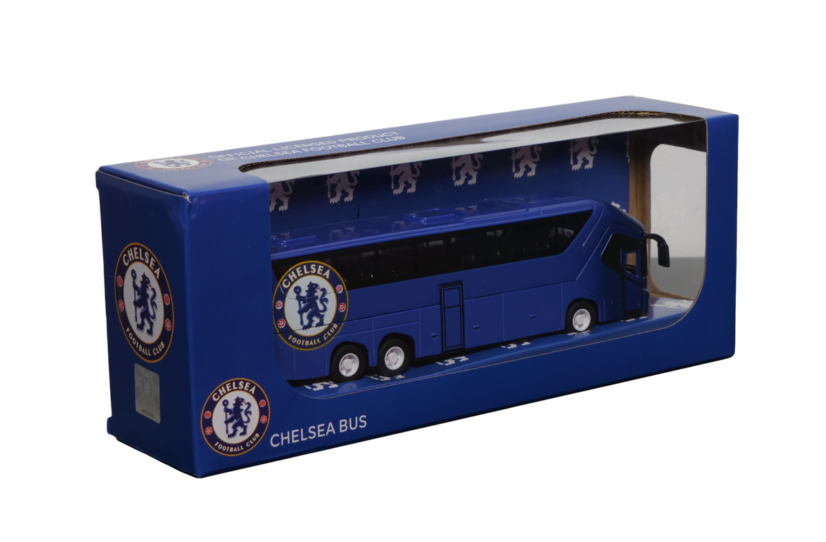 Chelsea Mini Team Bus miniature collectible, deep blue coach with Chelsea crests and white lettering in a display box.