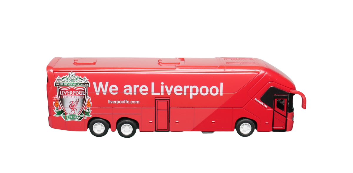 Liverpool Mini Team Bus, red miniature coach with Liverpool crest, white lettering, black windows and rolling wheels.