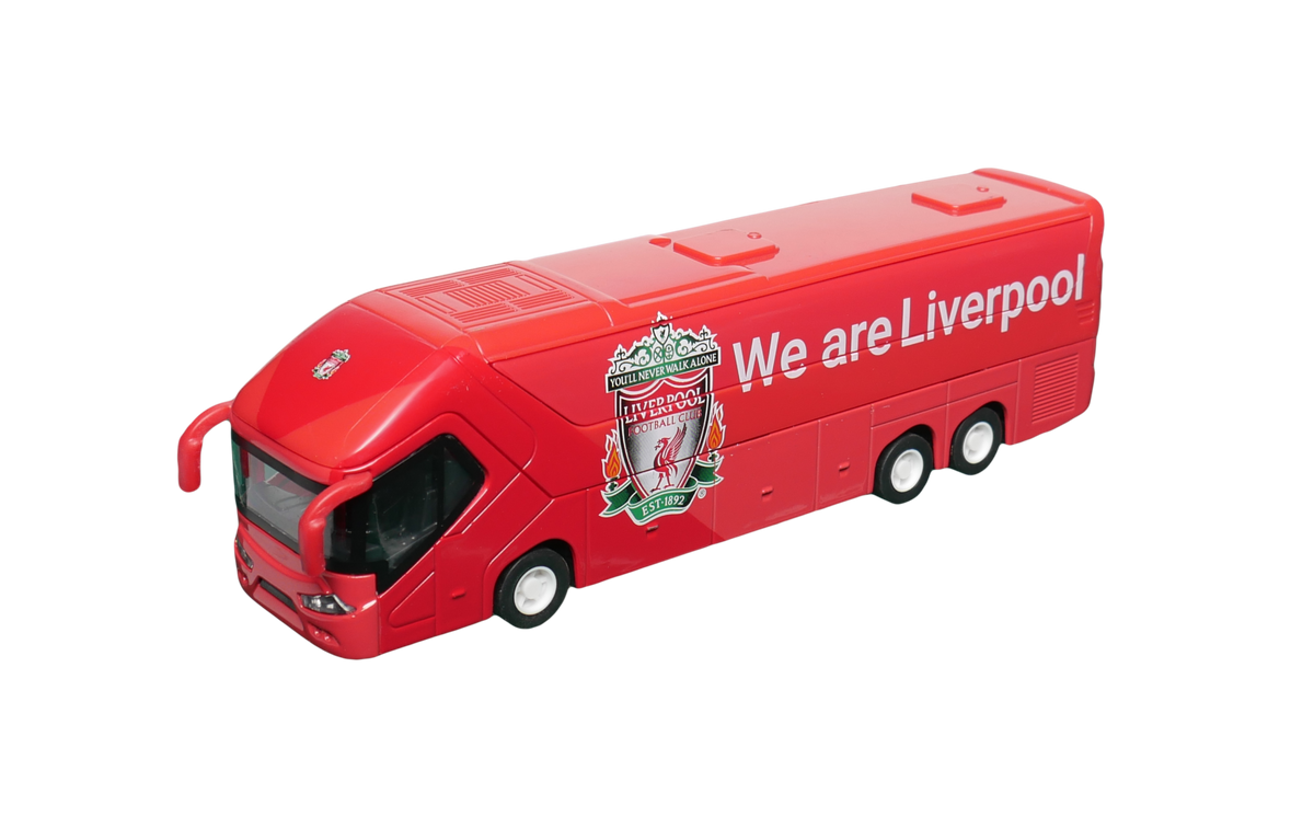 Liverpool Mini Team Bus, a red miniature coach with Liverpool crest, “We are Liverpool” lettering, black windows and wheels.