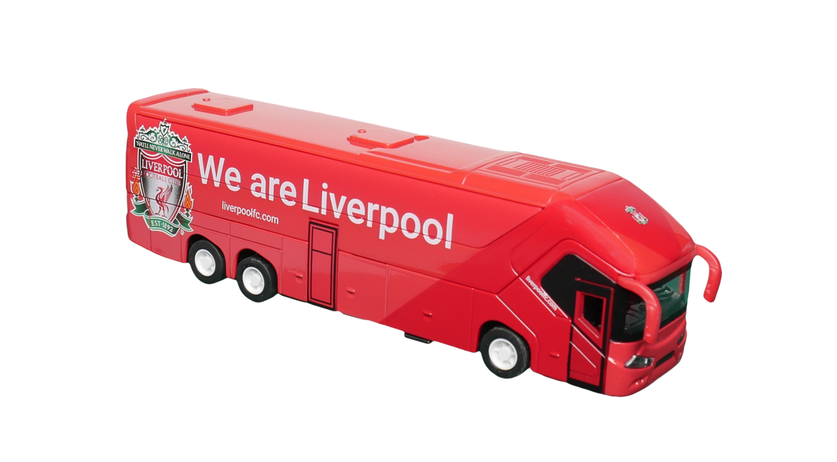 Liverpool Mini Team Bus collectible, red plastic coach with white lettering, club crest, black windows and silver wheels.