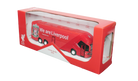 Liverpool Mini Team Bus, a red miniature coach with white graphics, Liver bird crest and black windows in display packaging.