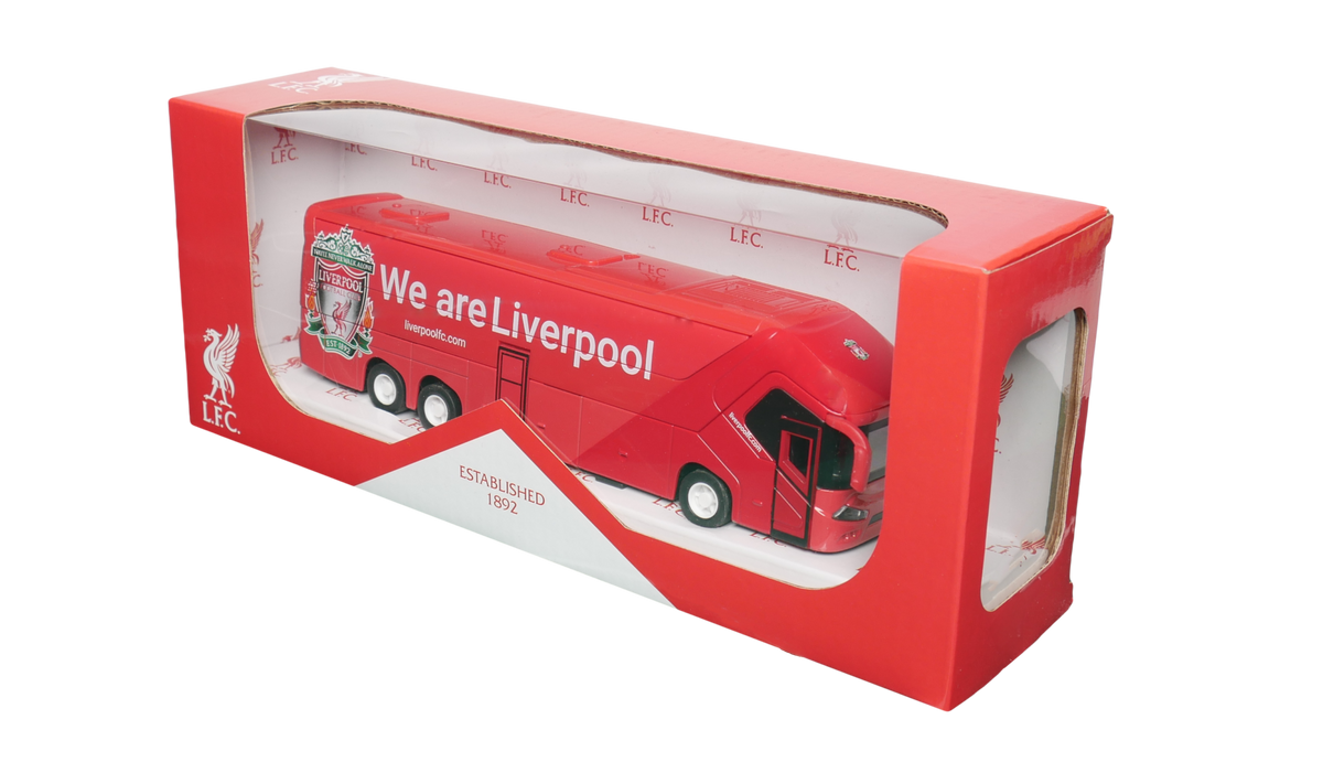 Liverpool Mini Team Bus, a red miniature coach with white graphics, Liver bird crest and black windows in display packaging.