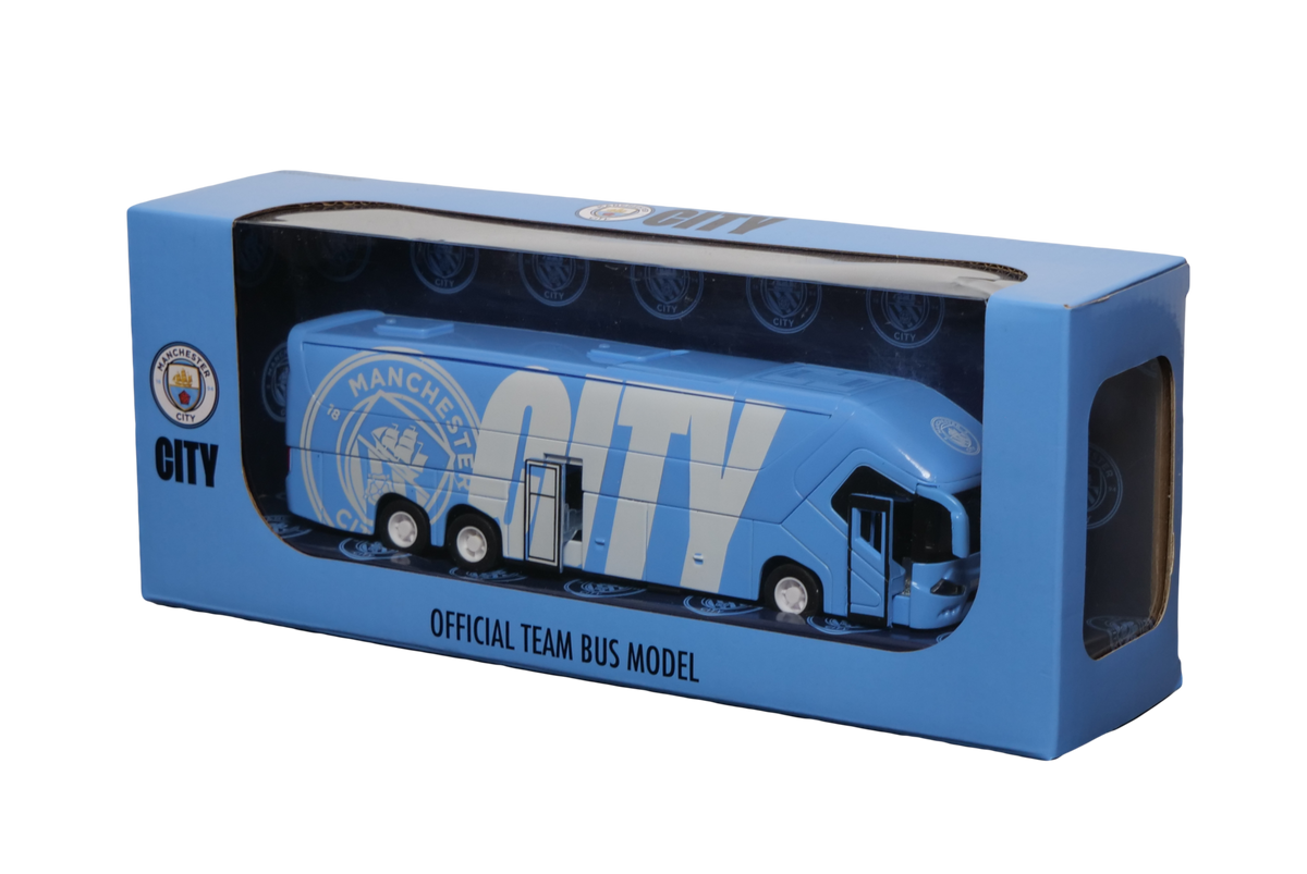 Manchester City Mini Team Bus, a blue miniature coach with Manchester City crest and graphics in a display box