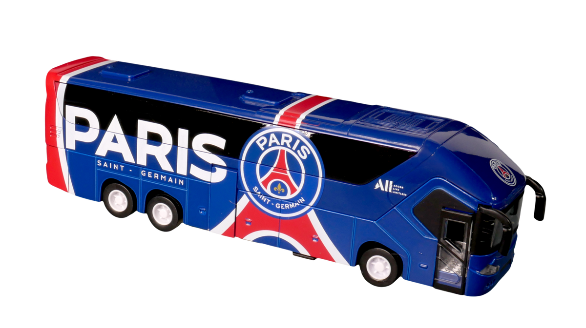 PSG Mini Team Bus, a blue miniature coach with red and white stripes, club crest, PARIS lettering and black windows.
