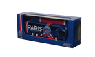 PSG Mini Team Bus, a navy blue miniature coach with red and white stripes, club crests and Paris lettering in a display box.