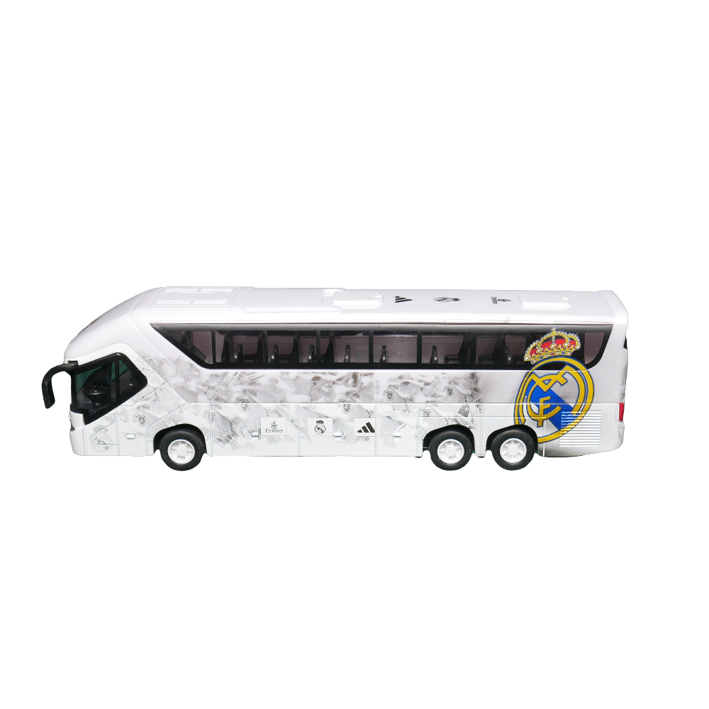 Real Madrid Mini Team Bus, white miniature coach with black windows, subtle gray pattern, and large club crest on the side.