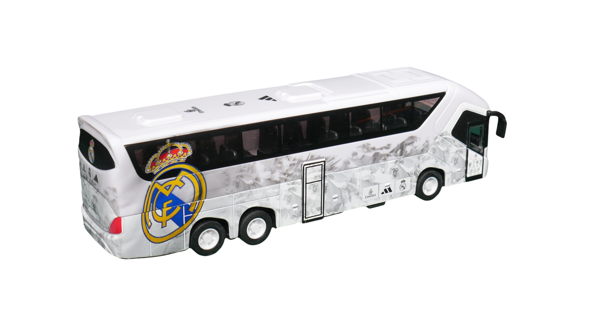 Real Madrid Mini Team Bus miniature coach, white with black windows, club crest and gray player-image patterning.