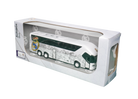 Real Madrid Mini Team Bus collectible with a white coach, green windows, multicolor crest, and grayscale player graphics in a display box.
