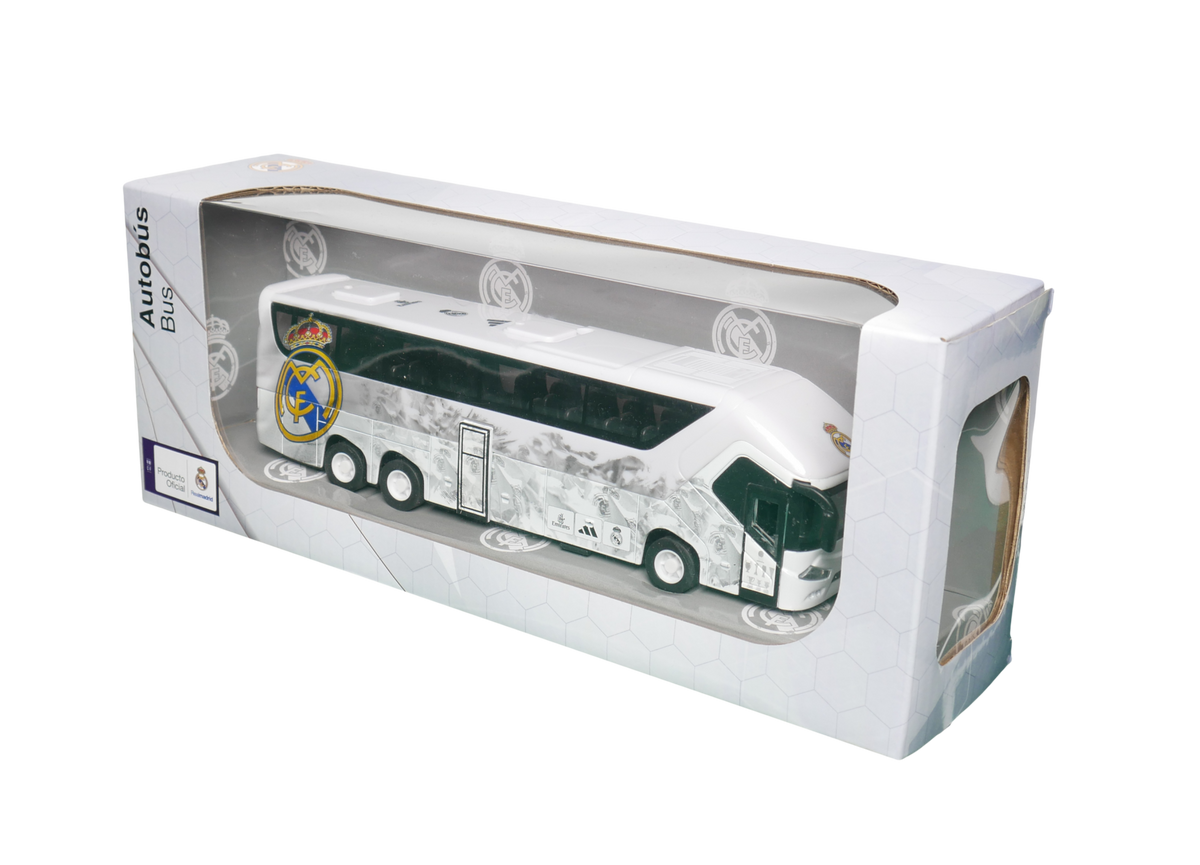 Real Madrid Mini Team Bus collectible with a white coach, green windows, multicolor crest, and grayscale player graphics in a display box.