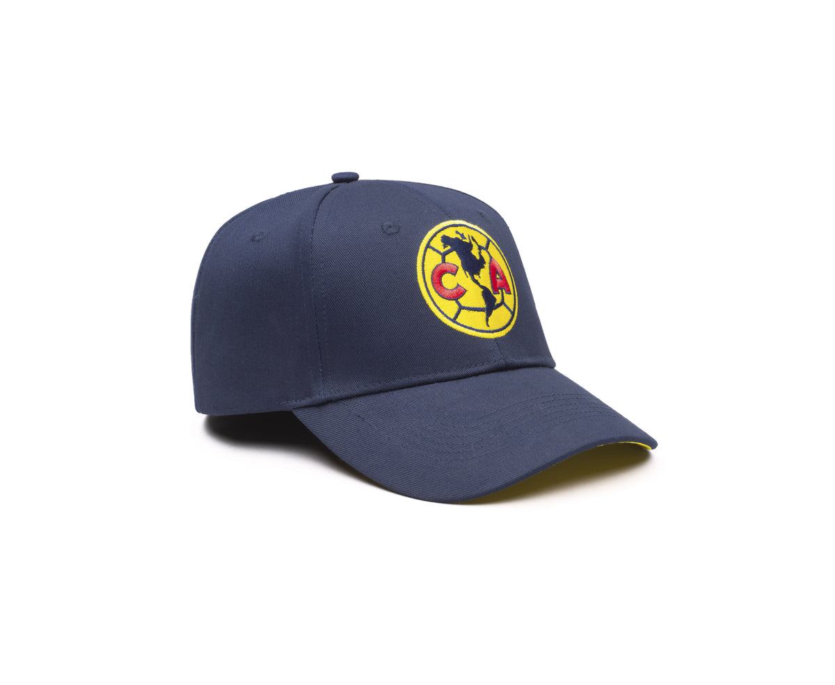 Club America Adjustable Cap in navy polyester twill, with an embroidered yellow crest and curved bill.