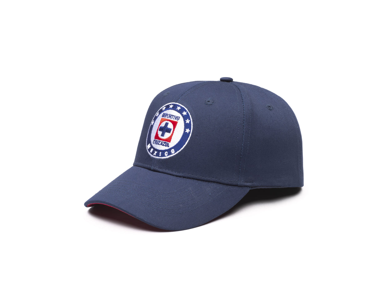 Cruz Azul Adjustable Cap in navy polyester twill, featuring an embroidered crest and curved brim with red trim.