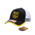 FC Barcelona One8th Strike Trucker Hat with interchangeable patch, black and yellow front, breathable white mesh back, and adjustable snapback.