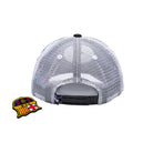 Back view of FC Barcelona One8th Strike Trucker Hat with breathable white mesh and interchangeable patch next to it