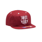 Maroon FC Barcelona Bankroll Snapback Hat with flat brim and embroidered logo, unstructured crown, made of 100% cotton twill with adjustable snapback closure.