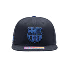 FC Barcelona Locale Snapback Hat with structured crown, flat brim, and adjustable closure in black and blue colors