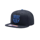 Black FC Barcelona Locale Snapback Hat with blue embroidered club crest and adjustable flat brim design