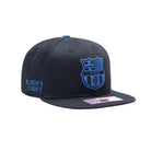 Black FC Barcelona Locale Snapback Hat with blue embroidered logo and adjustable flat brim cap