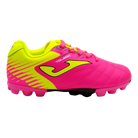 Joma Toledo Junior Molded 24 soccer shoes in pink and yellow with molded rubber outsole for kids.