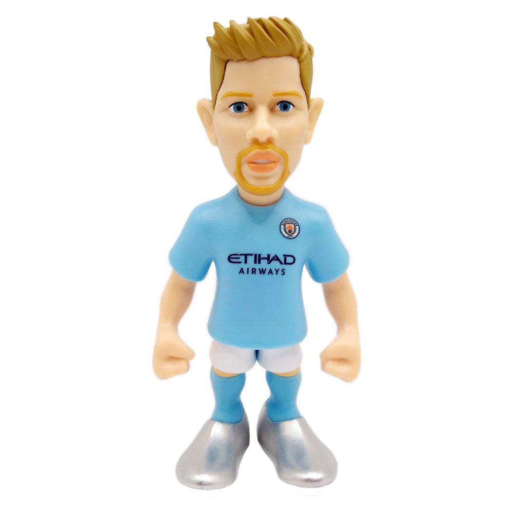 Minix Manchester City Football Stars collectible figurine featuring detailed player in official blue kit with Etihad Airways logo.