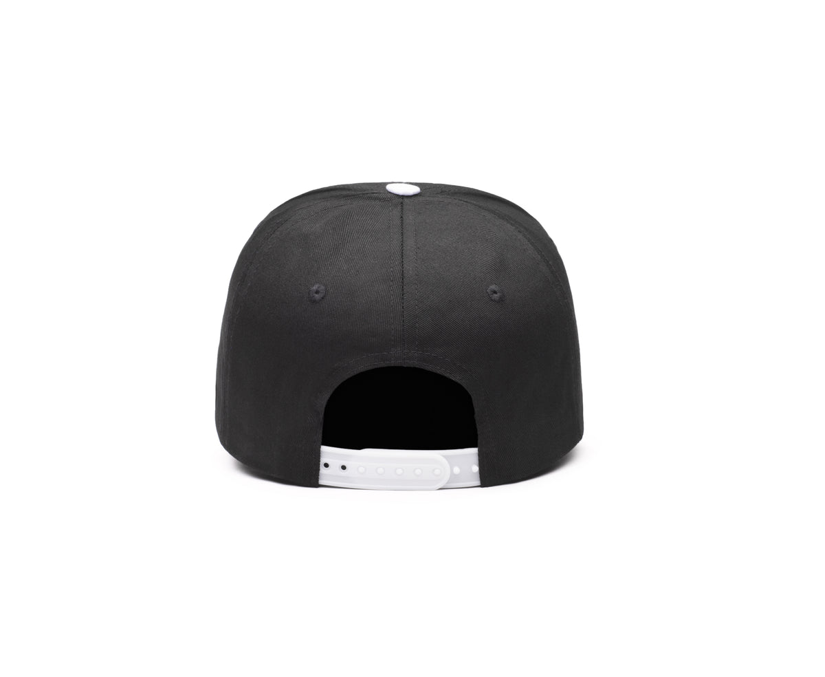 Juventus Two-Tone Adjustable Cap in black fabric, shown from the back with a white snap closure and top button.