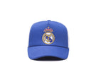 Blue Fan Ink officially licensed trucker hat with embroidered Real Madrid crest and white mesh back, adjustable snapback closure, unisex fit.