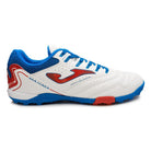 Joma Maxima turf soccer shoe in white blue and red with superior traction and lightweight design for adult players