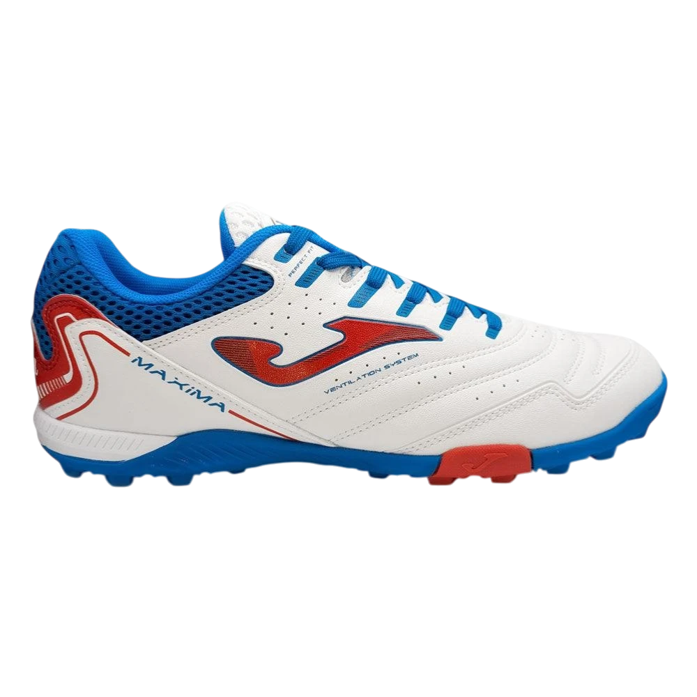 Joma Maxima turf soccer shoe in white blue and red with superior traction and lightweight design for adult players