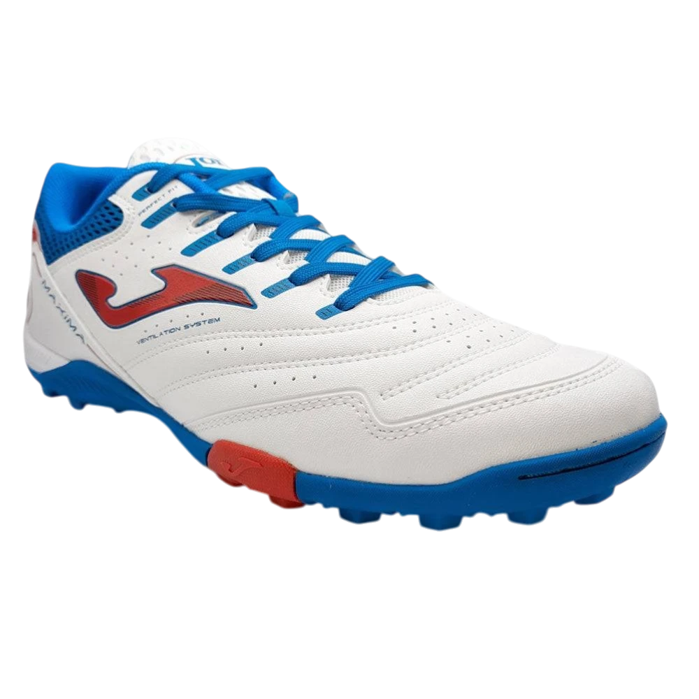 Joma Maxima white and blue turf soccer shoe with red logo and vibrant design