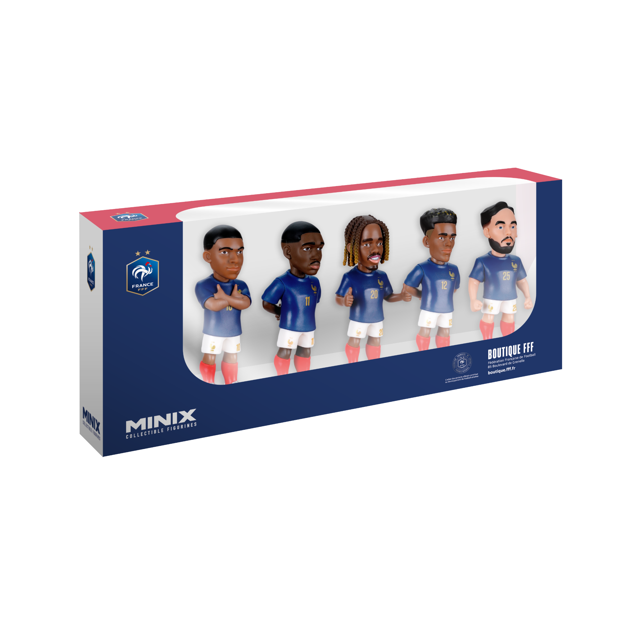 Minix France National Team 5-pack collectible figurines featuring Mbappé, Dembélé, Barcola, Doué, and Cherki in official kits