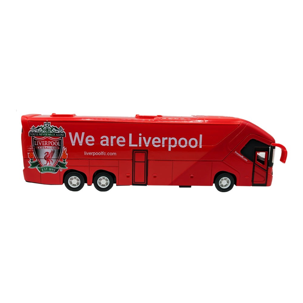 Official collectible miniature team bus in red with detailed soccer team design.