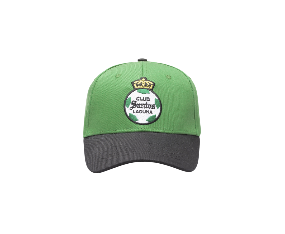 Club Santos Laguna Two-Tone Adjustable Cap with a green crown, charcoal brim, and embroidered crest on a smooth fabric finish.