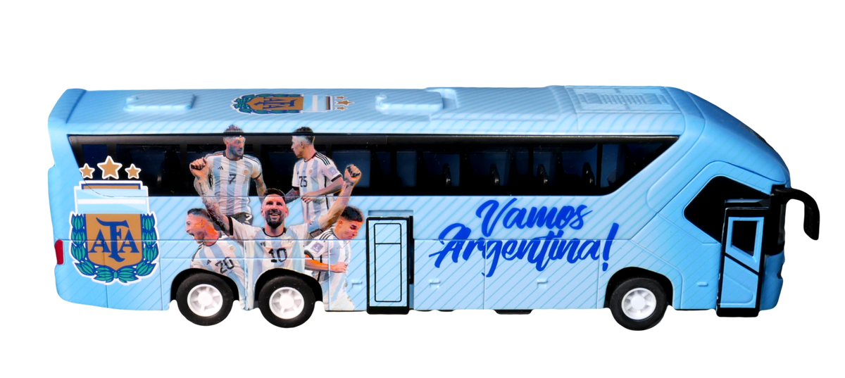 Argentina AFA Mini Team Bus in light blue with football player graphics, AFA crest, and Vamos Argentina lettering