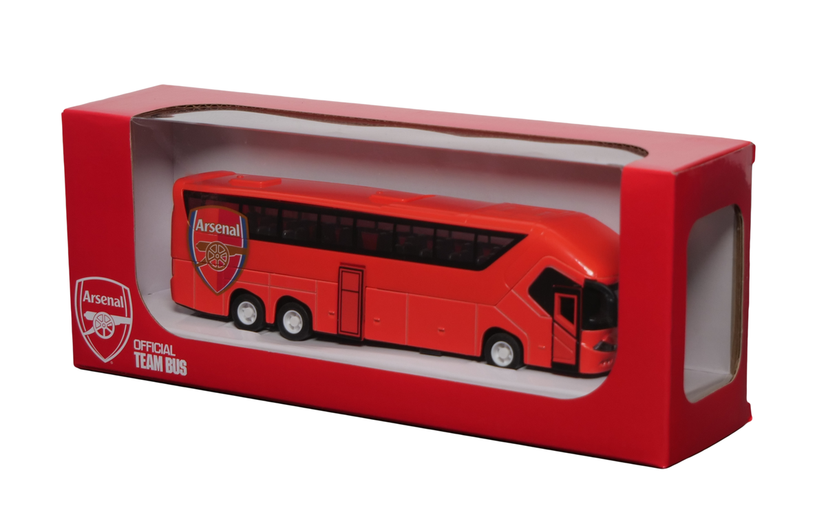 Arsenal Mini Team Bus in a red miniature coach design with black windows, Arsenal crest and official team bus branding