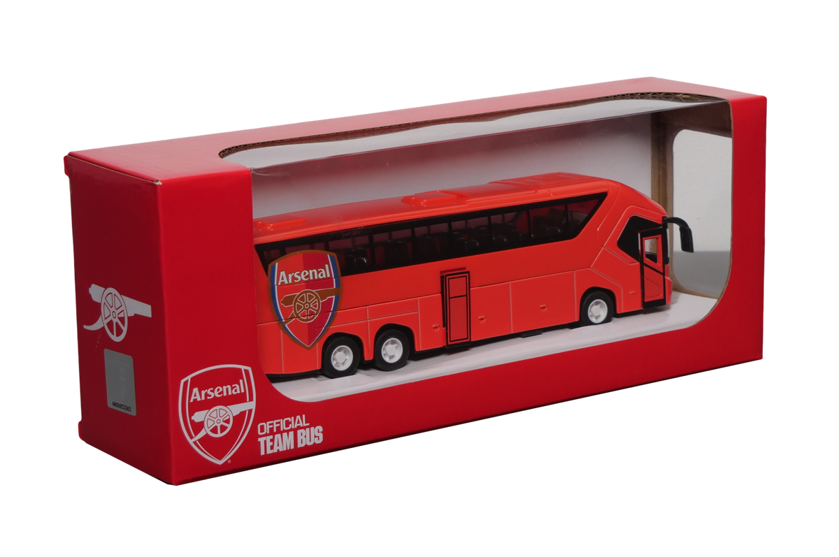 Arsenal Mini Team Bus in red miniature coach form with black windows and Arsenal crests, shown in a display box