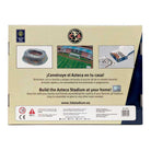 Azteca Soccer Stadium 3D puzzle box with stadium model photos, green pitch illustration, and bilingual assembly text