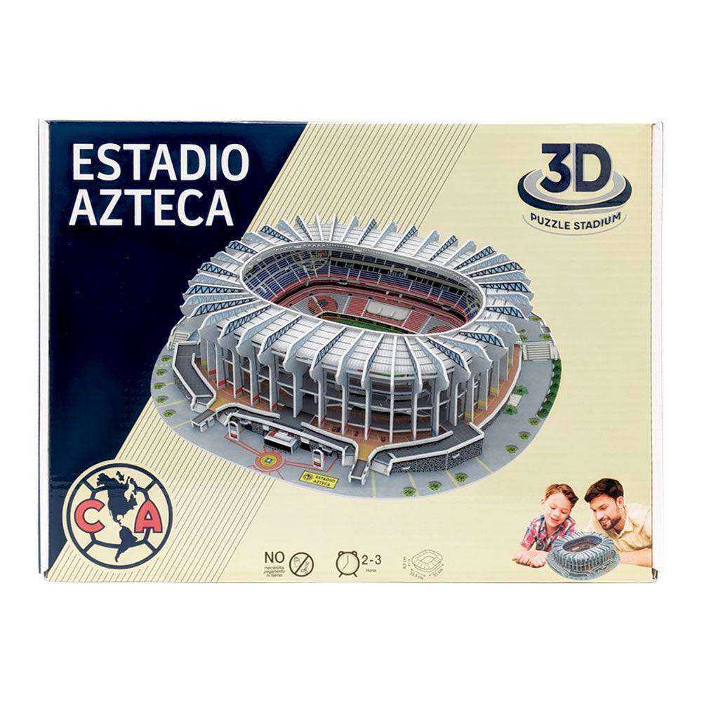 Azteca Soccer Stadium 3D puzzle box showing a detailed gray stadium model, with blue, cream and red packaging.