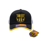 Barcelona Cap in black cotton with white mesh panels, yellow-edged brim and embroidered FC Barcelona crest, with a removable patch