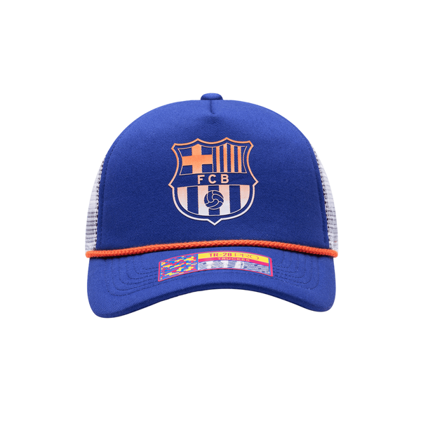 Barcelona Cap in royal blue fabric with white mesh sides, orange piping, and a large FC Barcelona crest on the front
