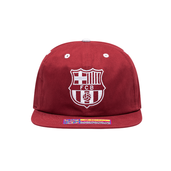 Barcelona Cap in deep red fabric with a white FC Barcelona crest, two white eyelets and a flat brim sticker