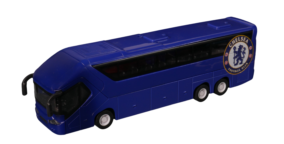 Chelsea Mini Team Bus in deep blue with black windows, detailed panels, silver wheels and a circular Chelsea crest