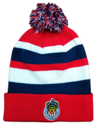Chivas Pom-Pom Beanie in red, white and navy striped knit, with a multicolour pom-pom and embroidered crest patch