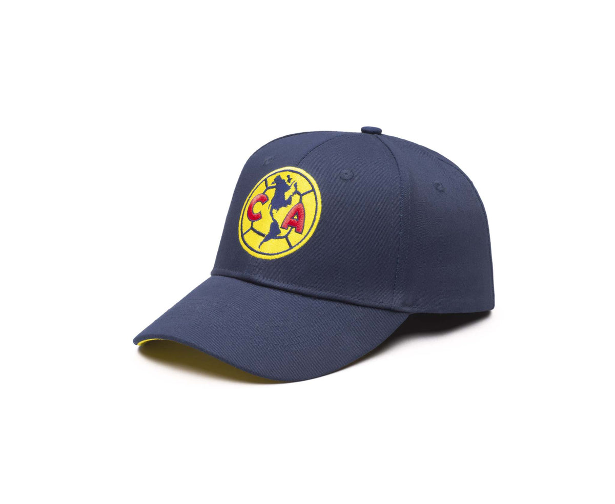 Club America Adjustable Cap in navy blue twill with a curved brim and bright yellow embroidered crest