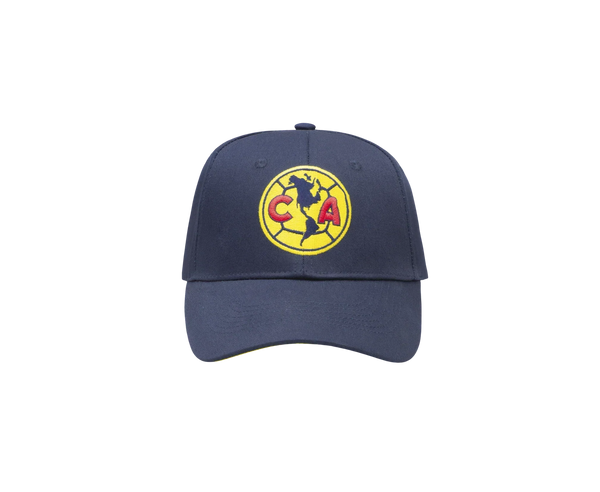 Club America Adjustable Cap in navy twill with a curved brim and prominent embroidered yellow crest with red accents.