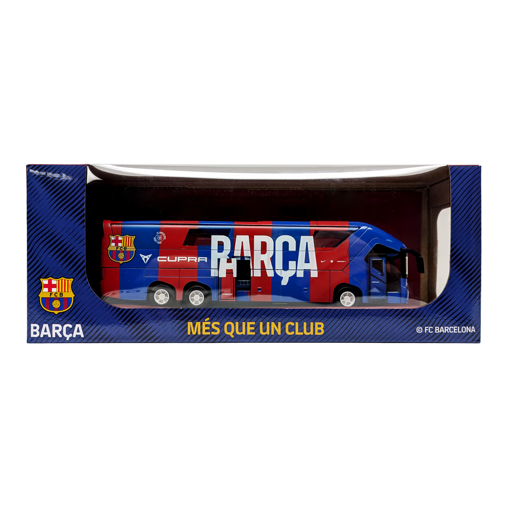 FC Barcelona Mini Team Bus in red and blue with Barça crest, sponsor lettering and branded display packaging.