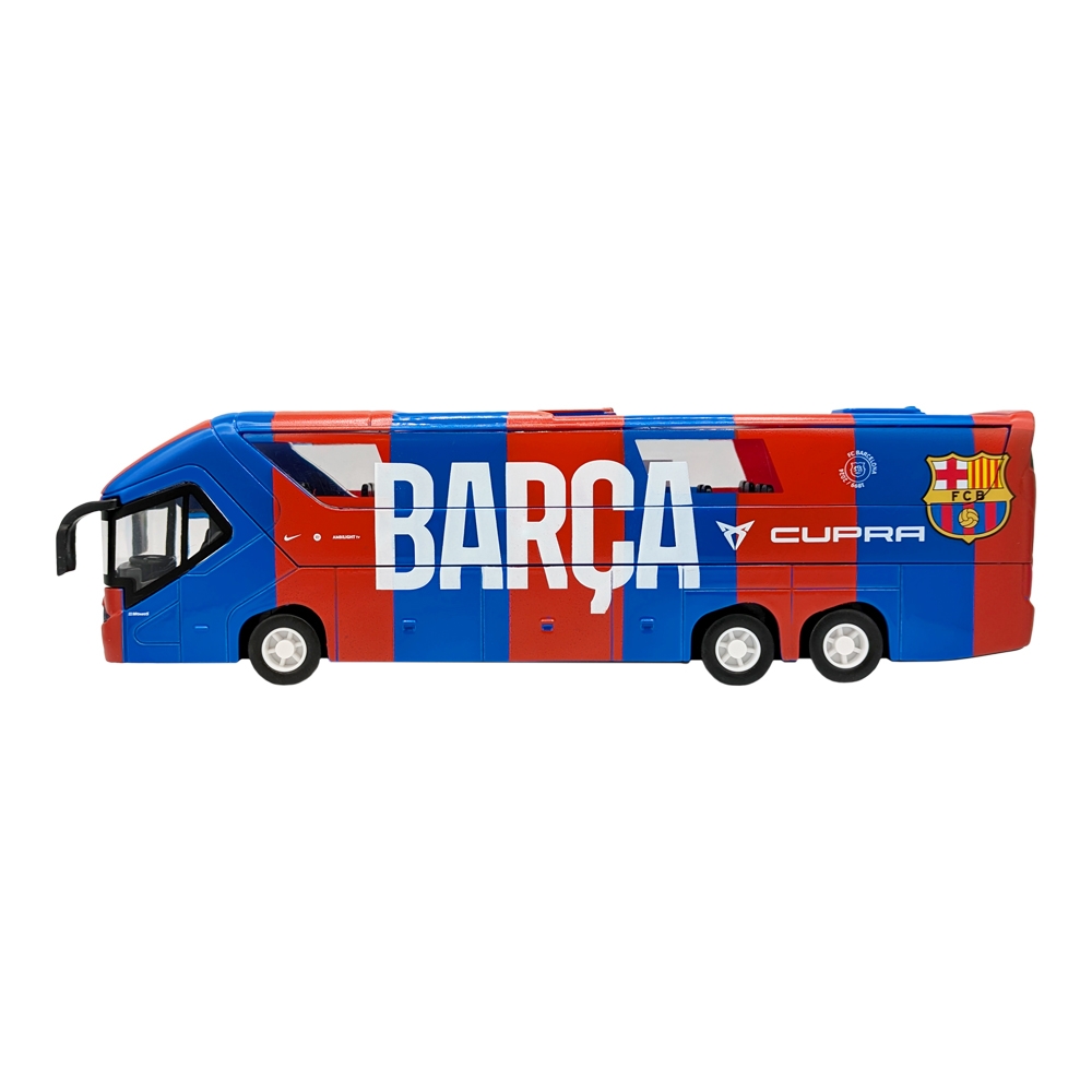 FC Barcelona Mini Team Bus in red and blue with large Barça lettering, club crest, and three visible wheels