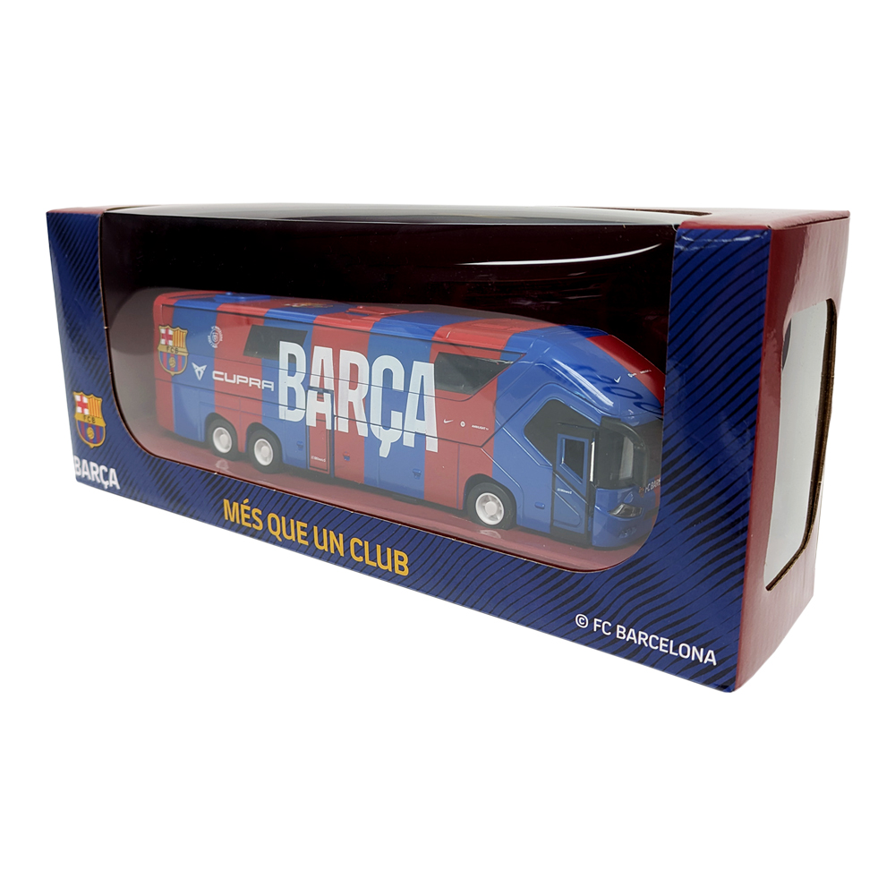FC Barcelona Mini Team Bus collectible in a clear display box, with a red and blue Barça-branded miniature coach