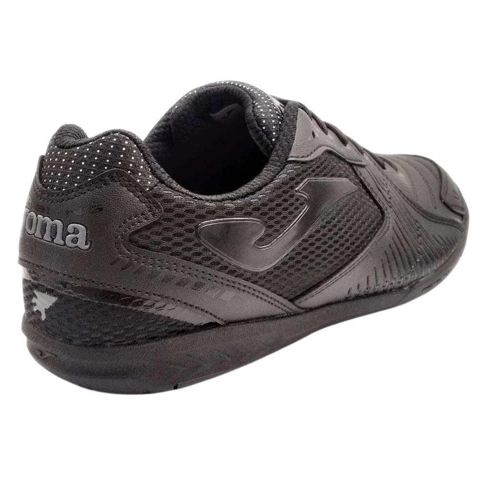 Joma Dribling indoor soccer shoe in black synthetic mesh with textured overlays, padded collar and flat rubber sole
