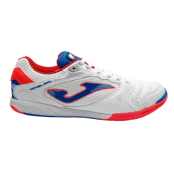 Joma Dribling indoor soccer shoe in white synthetic material with blue and red accents, textured upper and flat rubber sole