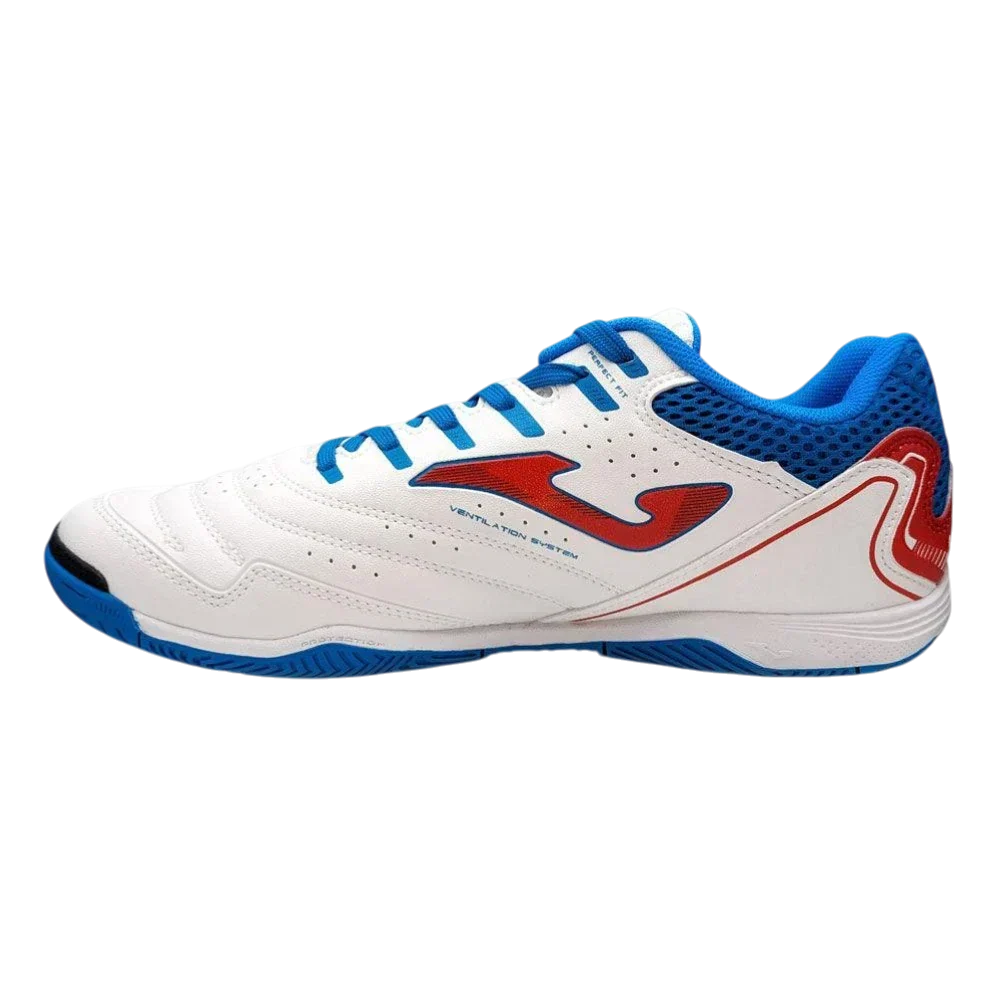 Joma Maxima indoor soccer shoe in white synthetic material with blue mesh accents, red logo, and flat rubber outsole